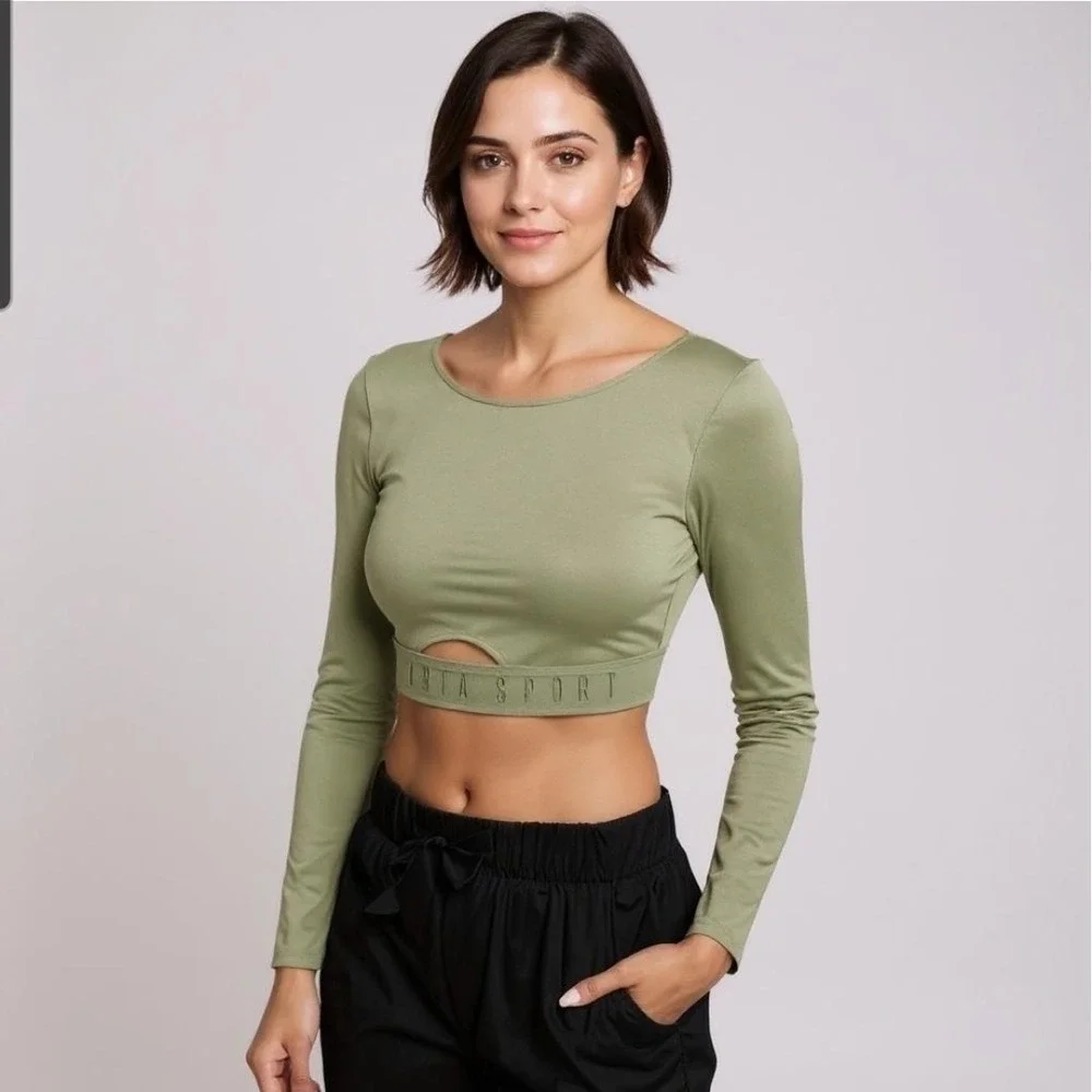 Victorias Secret Sport Olive Green Crop Top Long Sleeve Open Back Keyhole Gym S
